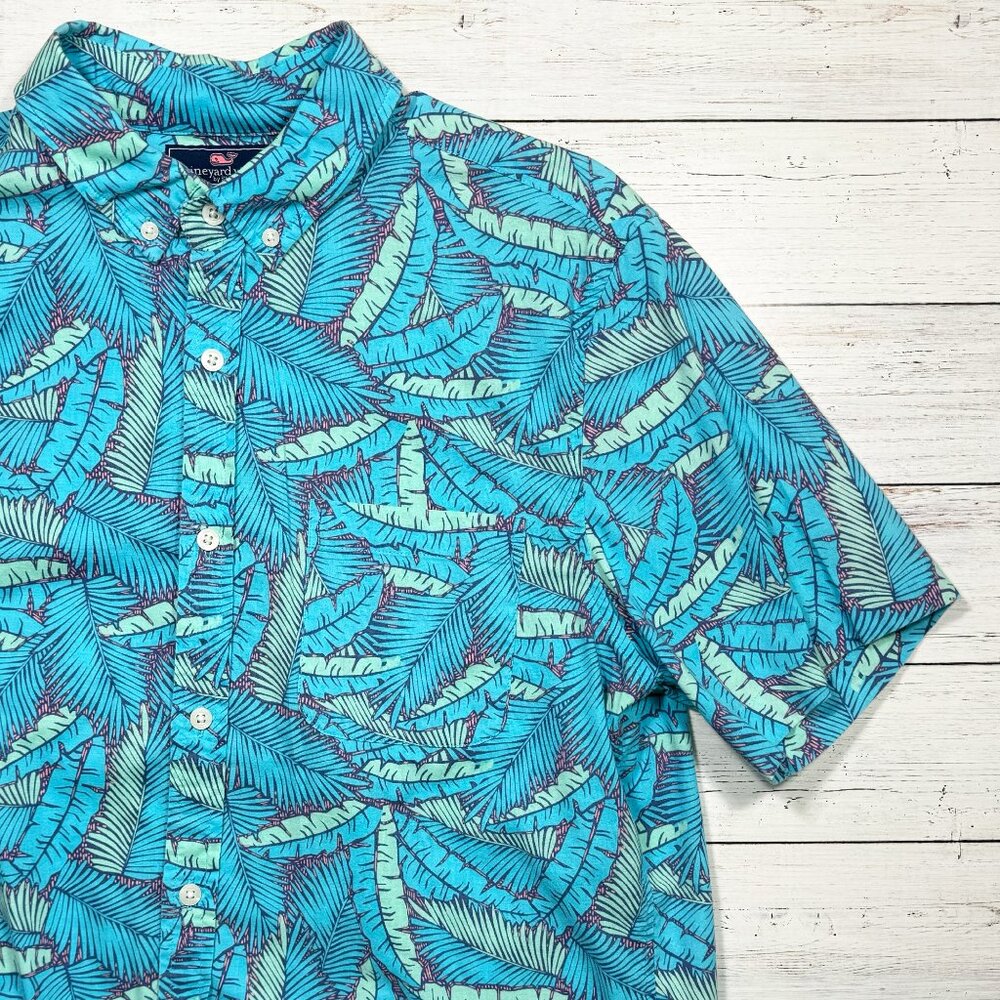 Vineyard Vines Short Sleeve Murray Shirt - Teal and Green Palm Leaves - Medium